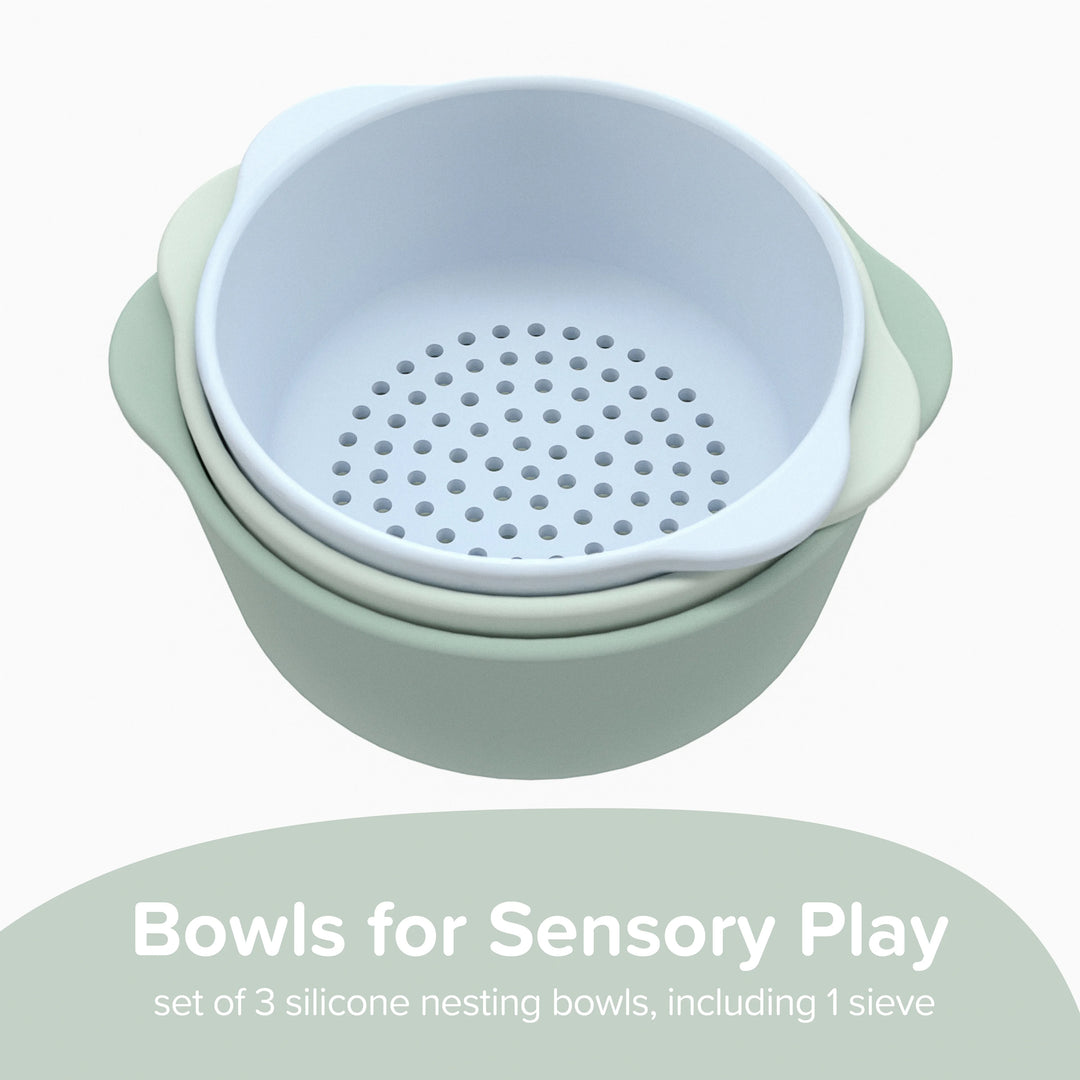 Bowls for Sensory Play. Set of 3 silicone nesting bowls, including 1 sieve