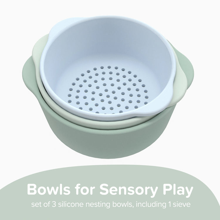 Bowls for Sensory Play. Set of 3 silicone nesting bowls, including 1 sieve
