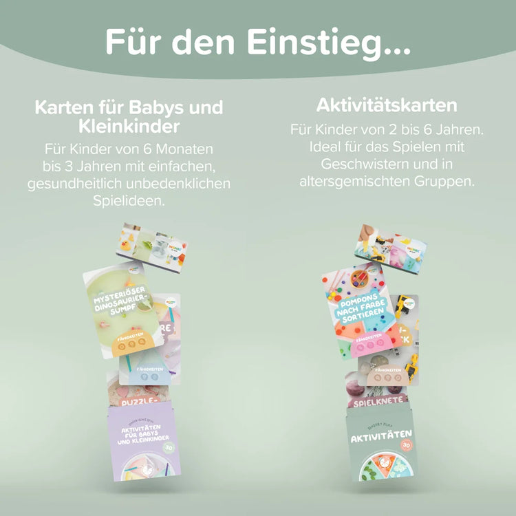 Children's activity cards with text on a light green background.