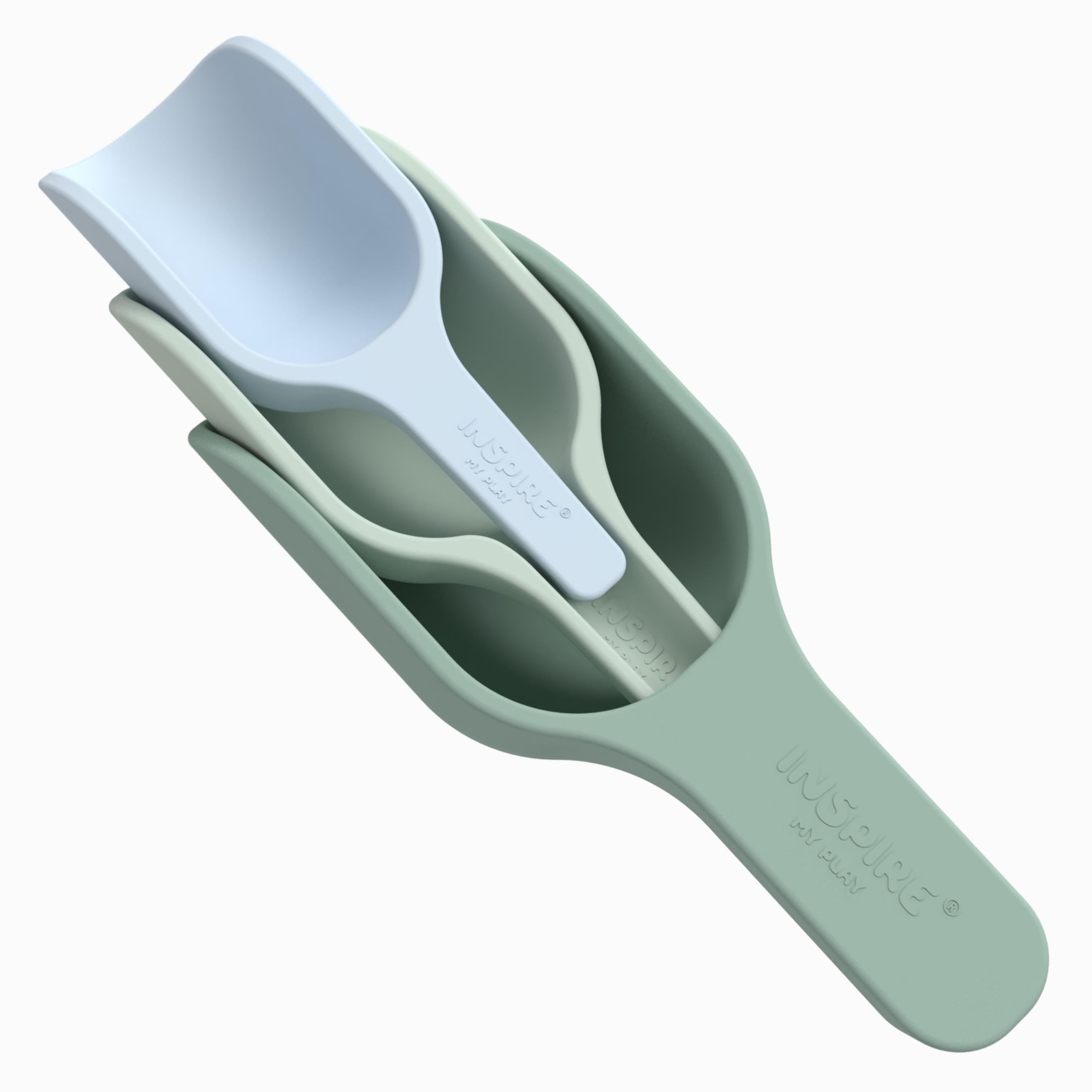 Two green and one blue nesting scoop for sensory play on a white background.