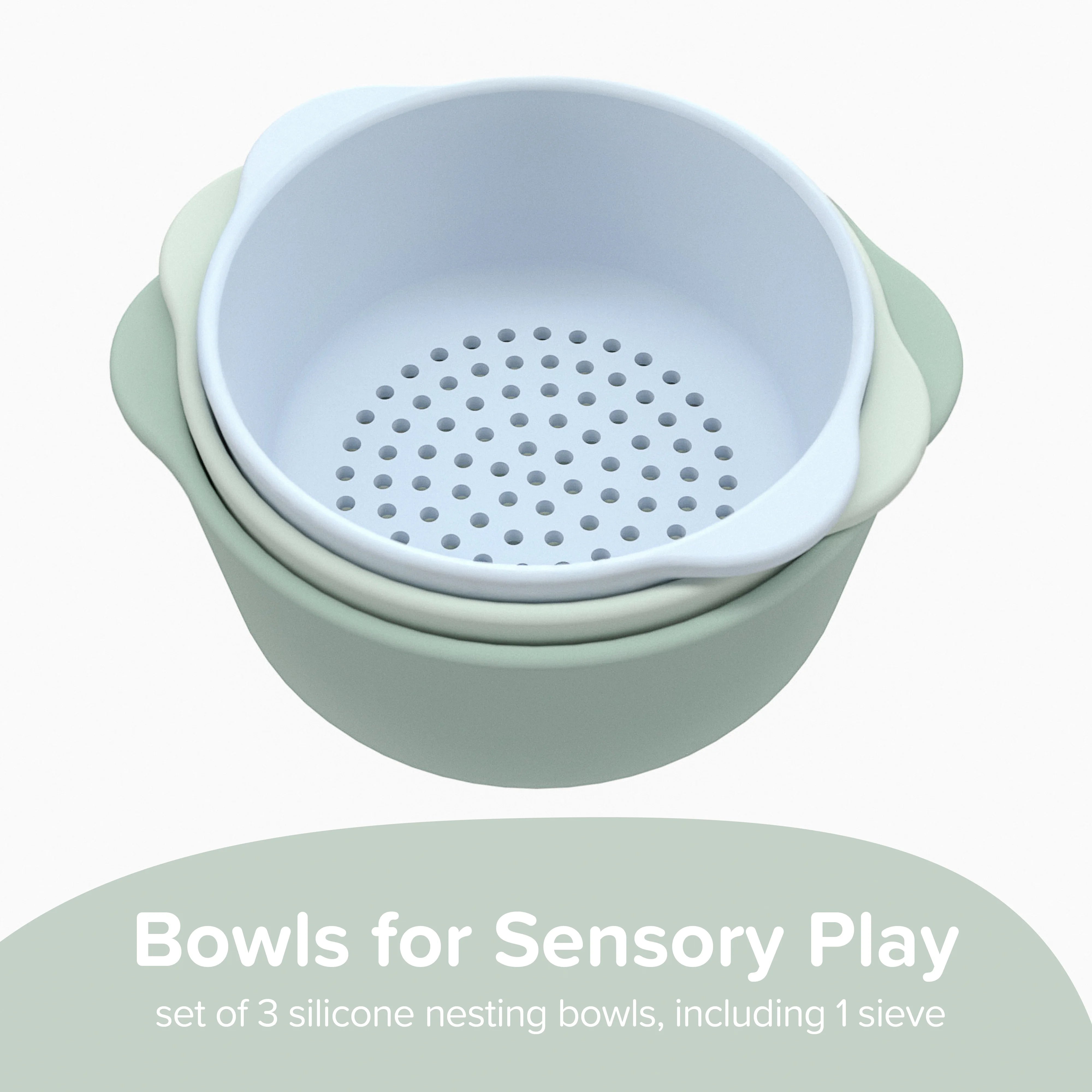 Bowls for Sensory Play. Set of 3 silicone nesting bowls, including 1 sieve