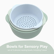 Bowls for Sensory Play. Set of 3 silicone nesting bowls, including 1 sieve