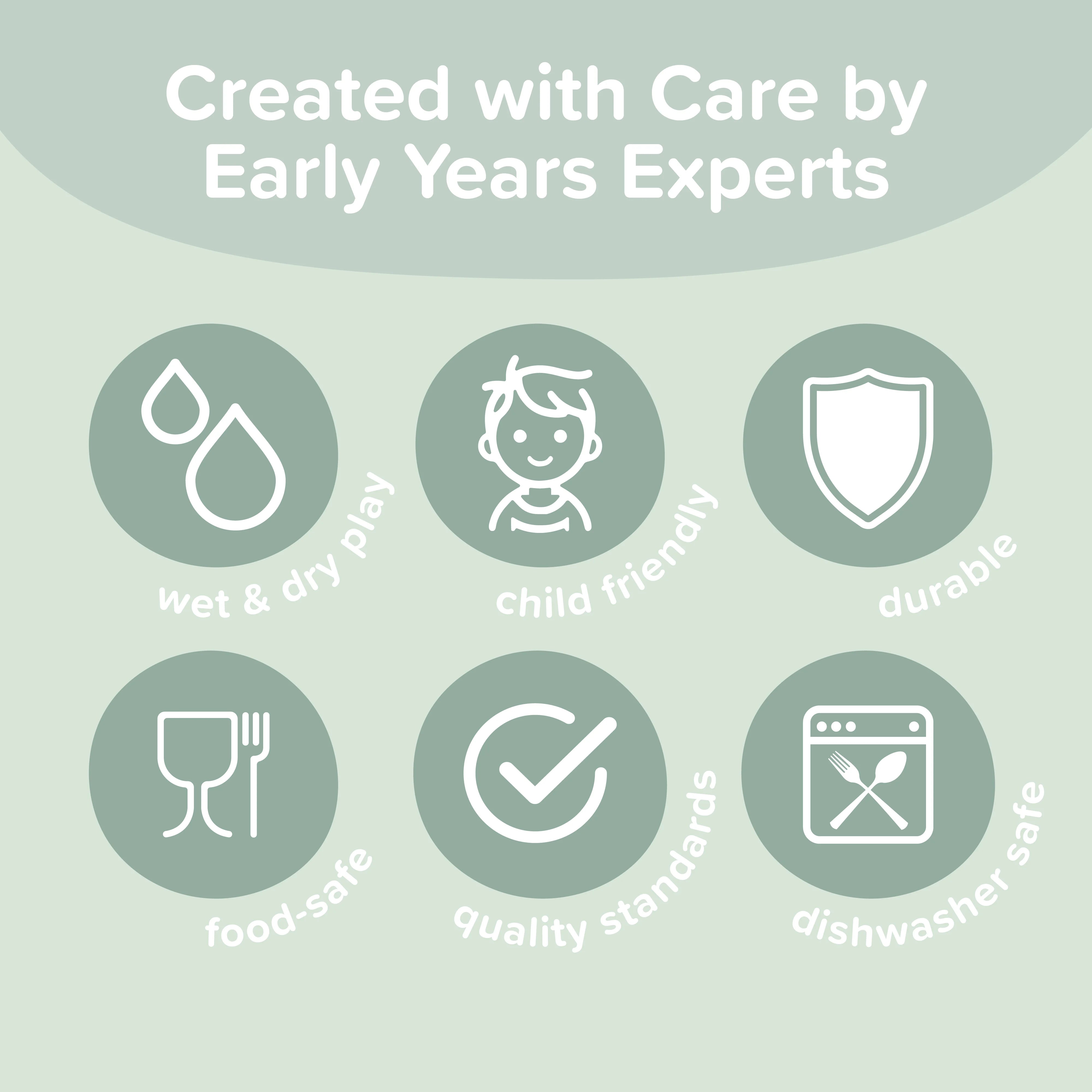 Created with Care by Early Years Experts - Wet & dry play, child friendly, durable, food-safe, quality standards, dishwasher safe.