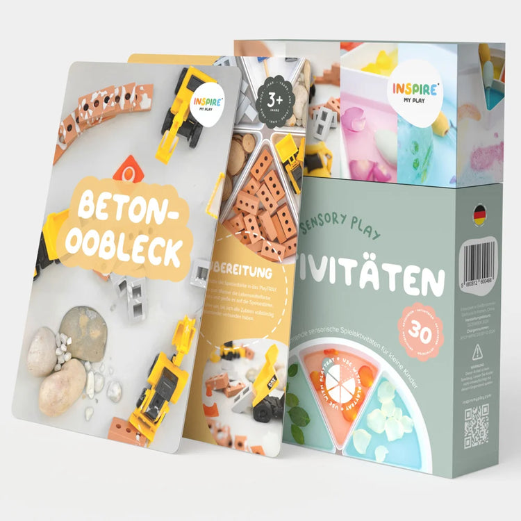 Two educational activity cards and a box with different designs on a white background