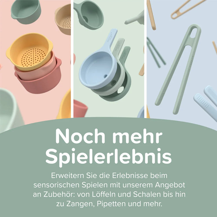 Collage of colourful children's utensils with text about sensory play accessories.