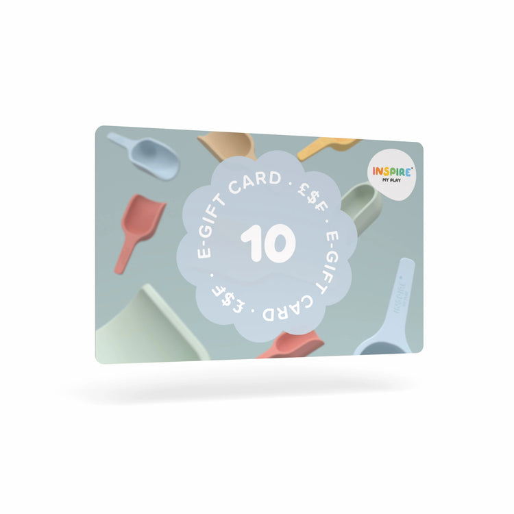 E-gift card with number 10 surrounded by colourful sensory tools on a light blue background