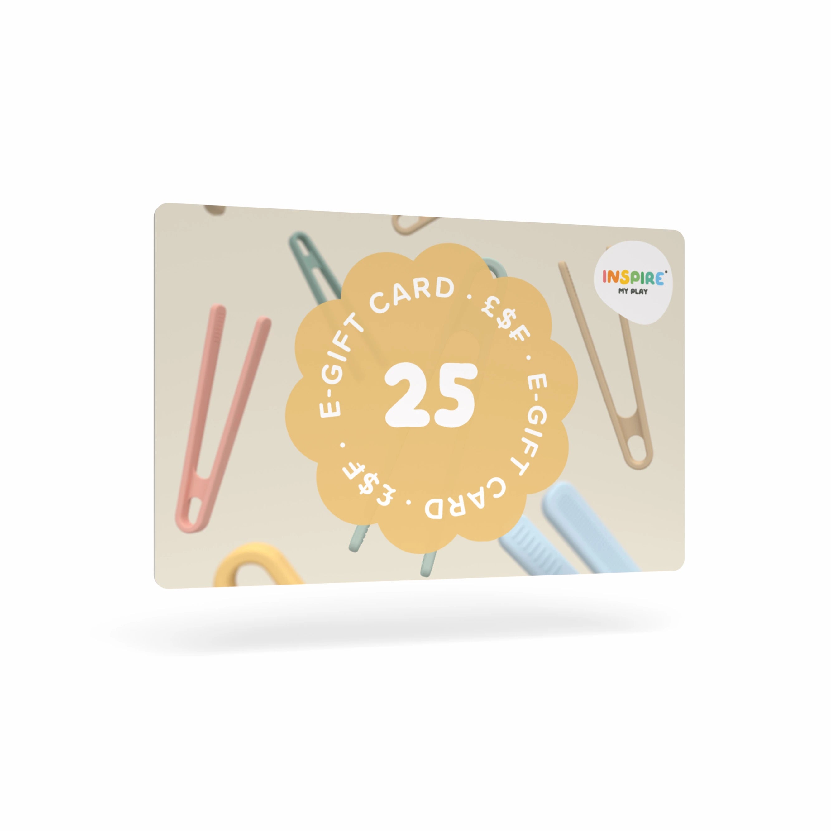 E-gift card with number 25 surrounded by colourful sensory play tongs on a white background.
