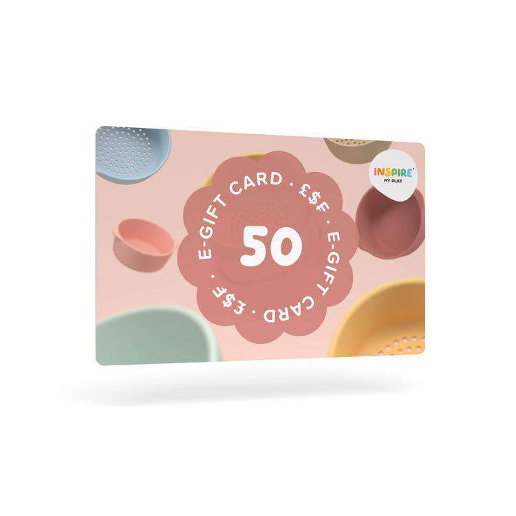 E-gift card with number 50 in the middle surrounded by sensory play bowls on a white background