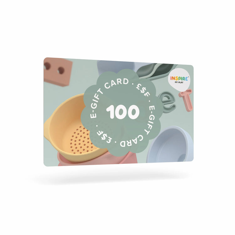 E-gift card with number 100 in the middle surrounded by sensory play tools and accessories on a white background