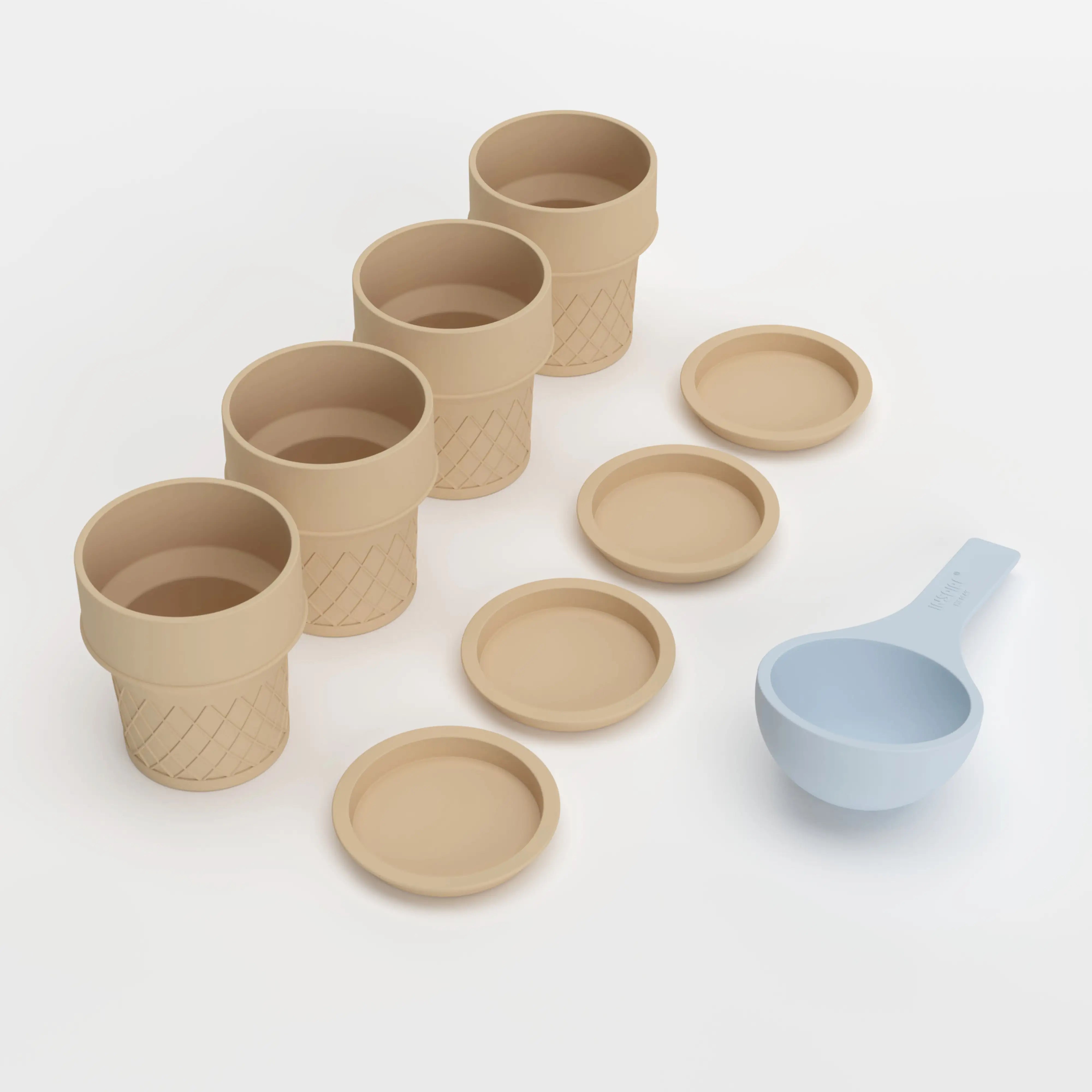 A set of beige-coloured ice cream cones lined-up with matching coloured lids and a blue silicone scoop on white background.