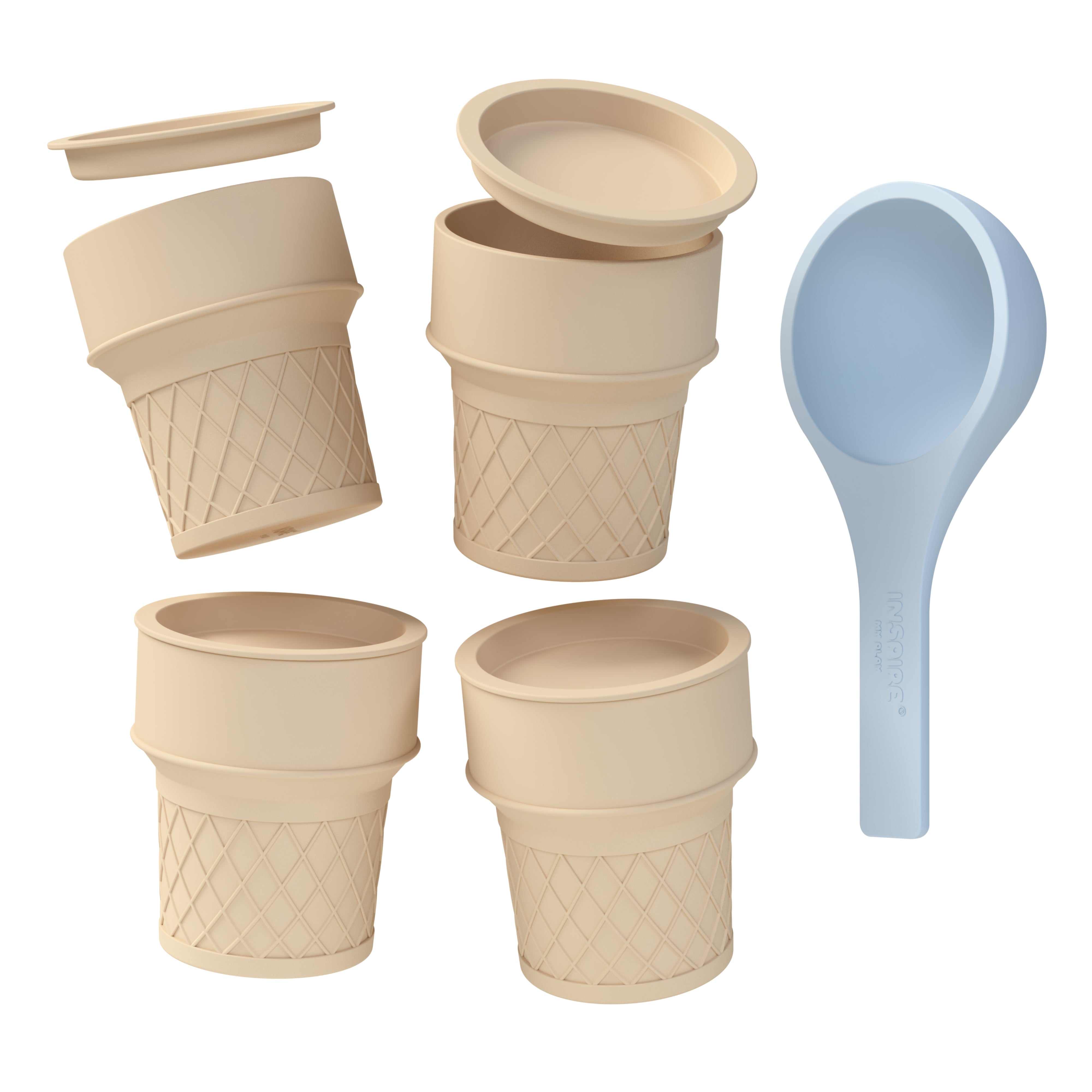 A set of silicone beige ice cream cones with matching coloured lids and a blue scoop, arranged on a plain white background.
