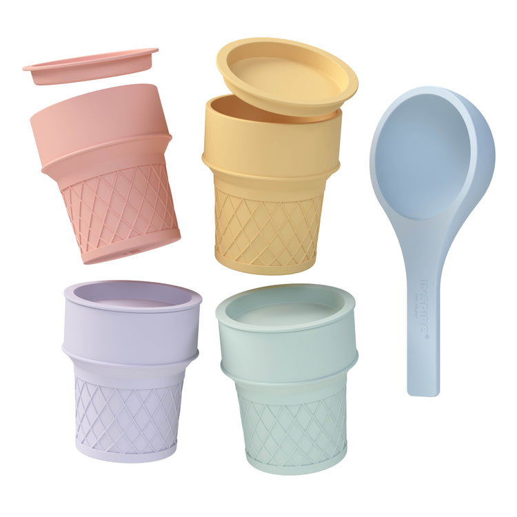 A set of silicone ice cream cones with matching coloured lids and a scoop in pastel colours, including pink, yellow, purple and mint green, arranged on a plain white background.