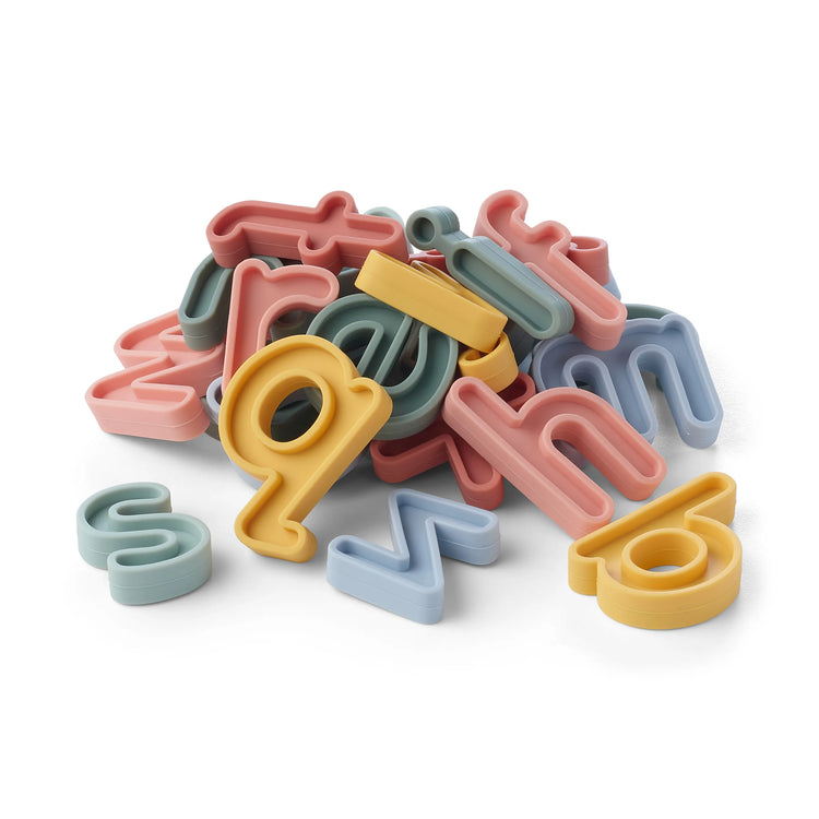 A set of coloured sensory play lowercase alphabet letters for phonics and sensory play in pastel shades of pink, blue, green, and yellow on a clean white background.