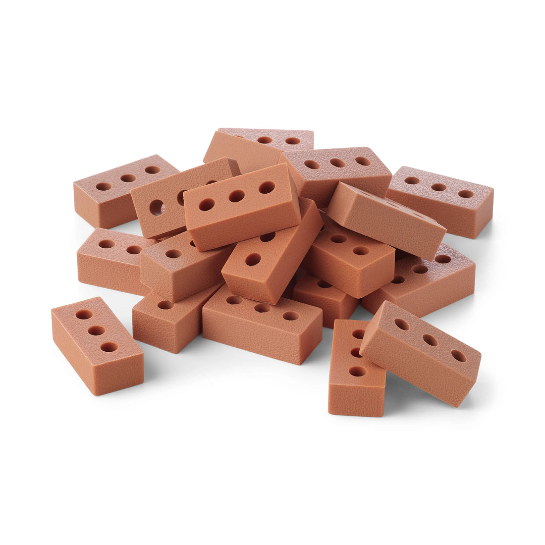 A pile of 25 small  brown silicone toy building blocks for children's sensory play and construction play, arranged on a plain white background.