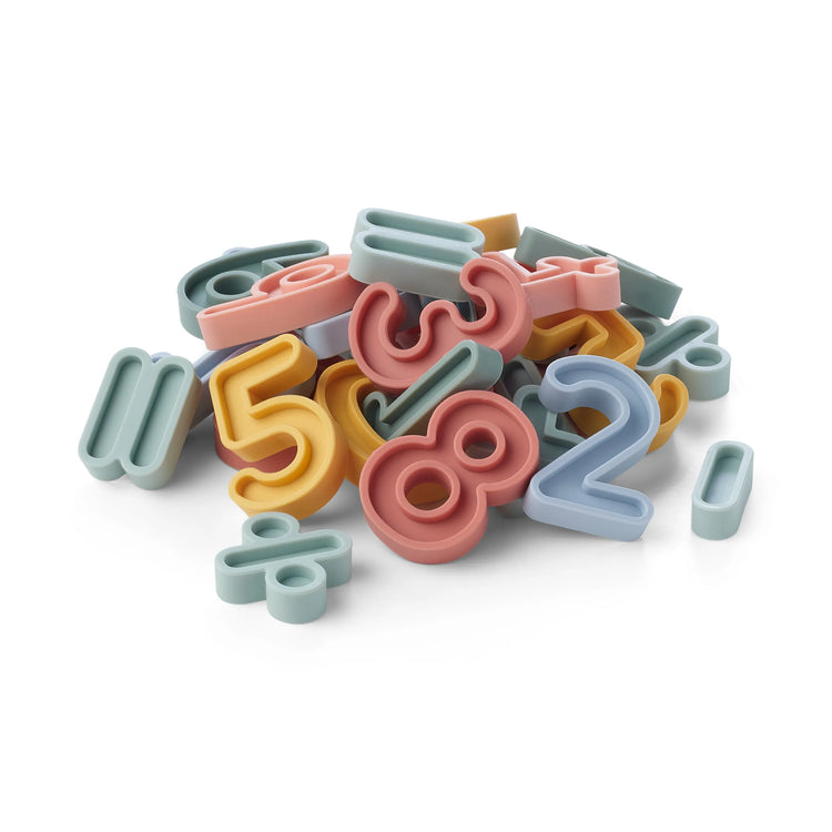 A set of pastel-coloured silicone numbers and operation symbols for children's sensory play, including numbers 0 through 10, subtract signs, and division signs, in pink, yellow, blue, and green on a white background.
