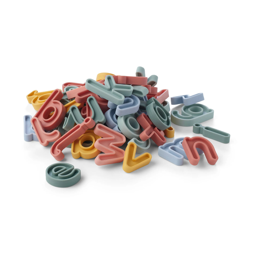 A set of 57 coloured sensory play lowercase alphabet letters for phonics and sensory play in pastel shades of pink, blue, green, and yellow on a clean white background.