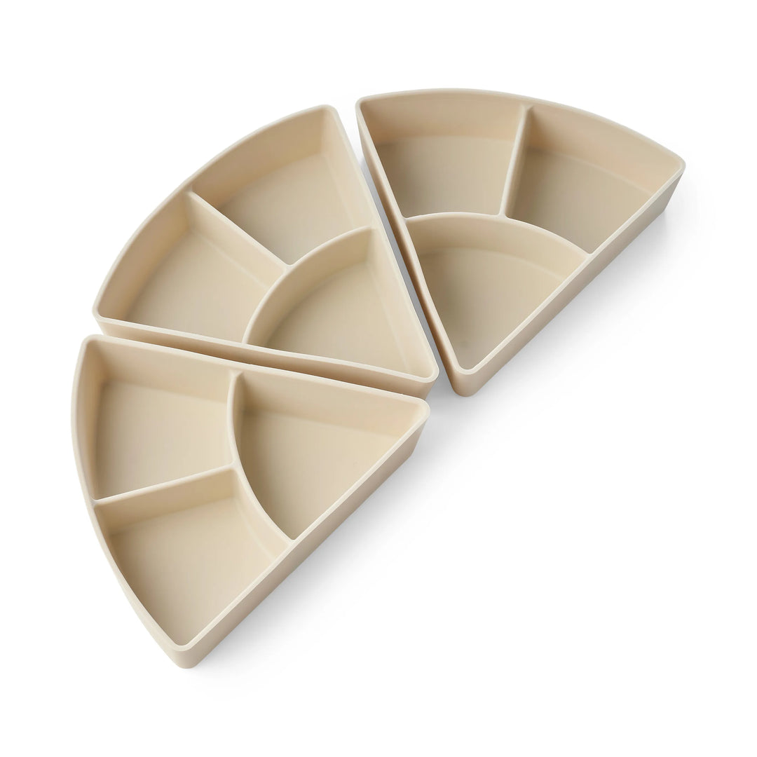 Three beige segmented silicone storage inserts for sensory play, creative play and organising arts & crafts materials arranged on a clean white background.