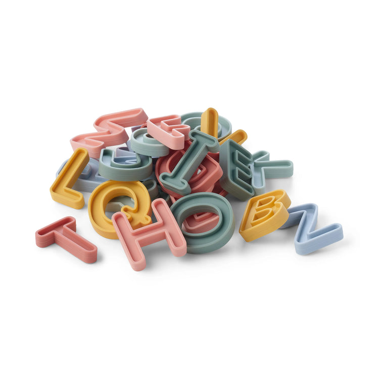 A set of coloured sensory play uppercase alphabet letters for phonics and sensory play in pastel shades of pink, blue, green, and yellow on a clean white background.