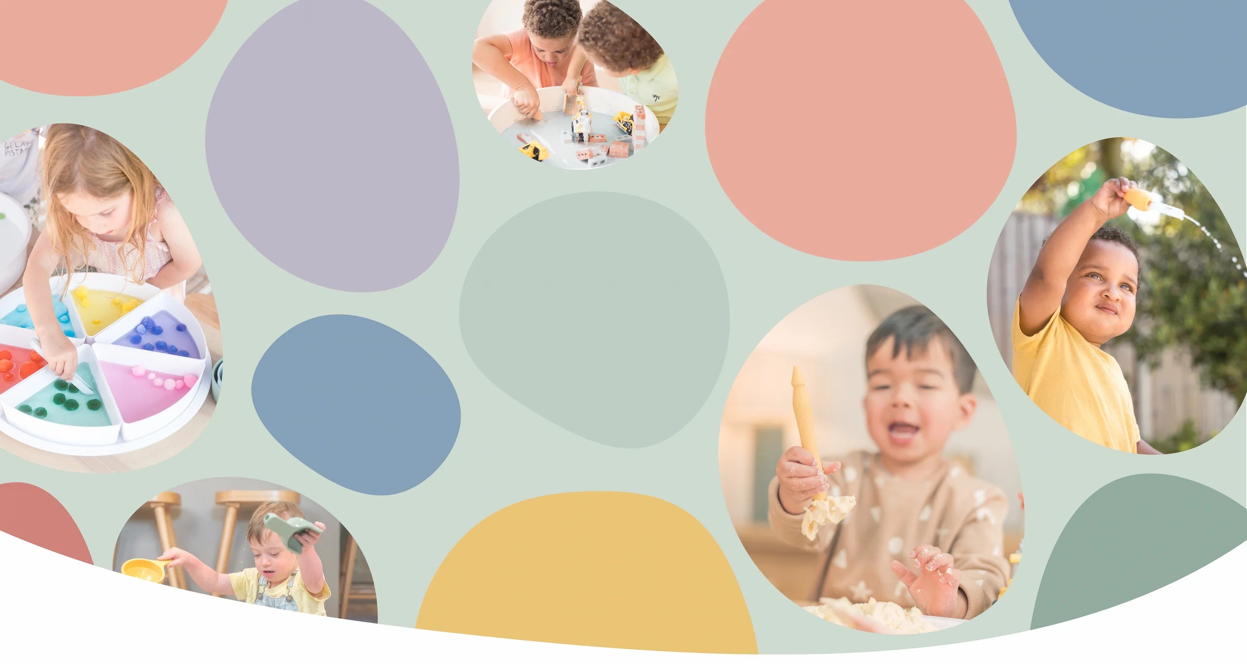 Collage of children playing with sensory play tools and accessories on a polka dot background