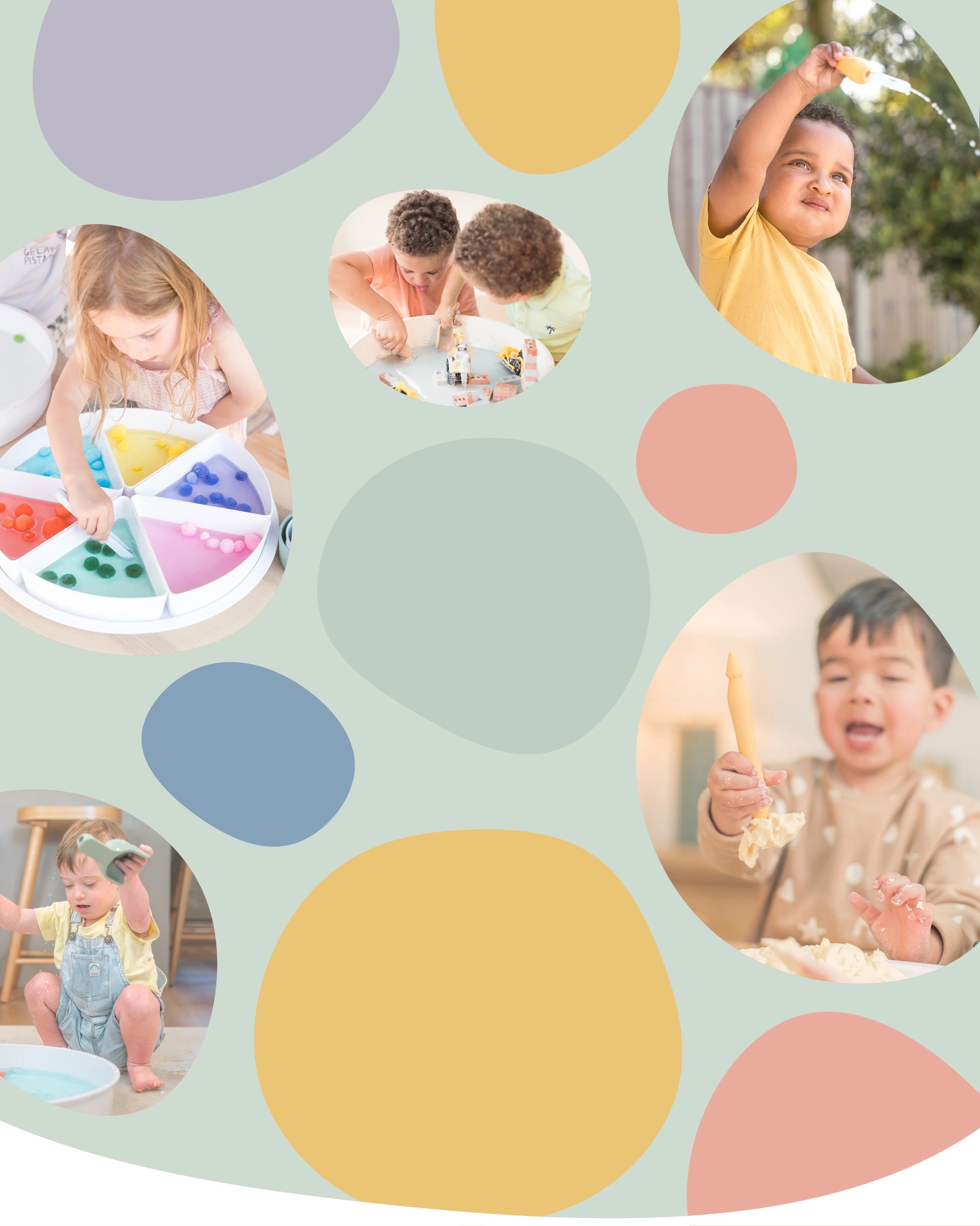 Collage of children playing with sensory play tools and accessories on a polka dot background