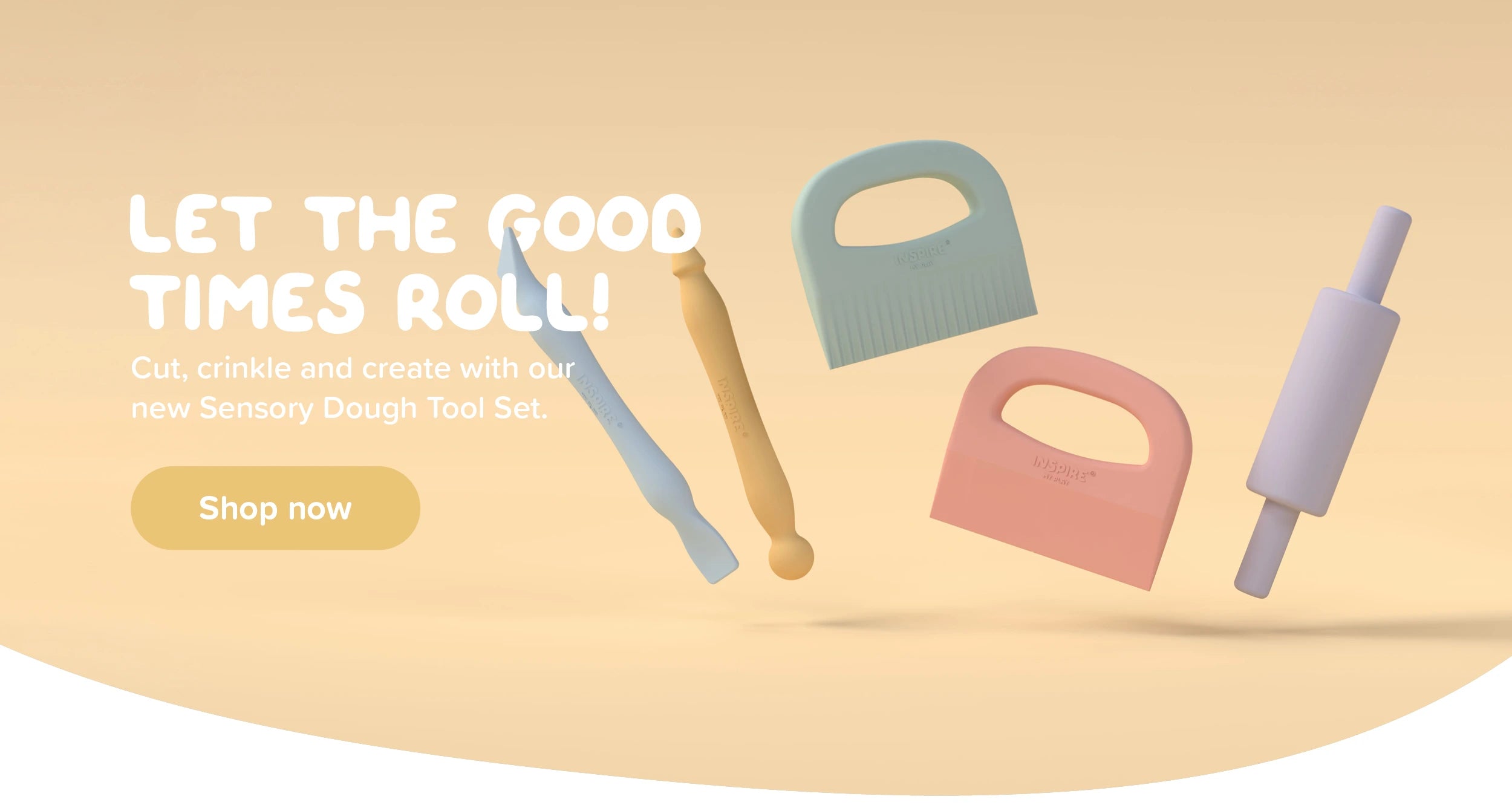 Set of five colourful playdough tools with text 'Let the good times roll!' on a beige background