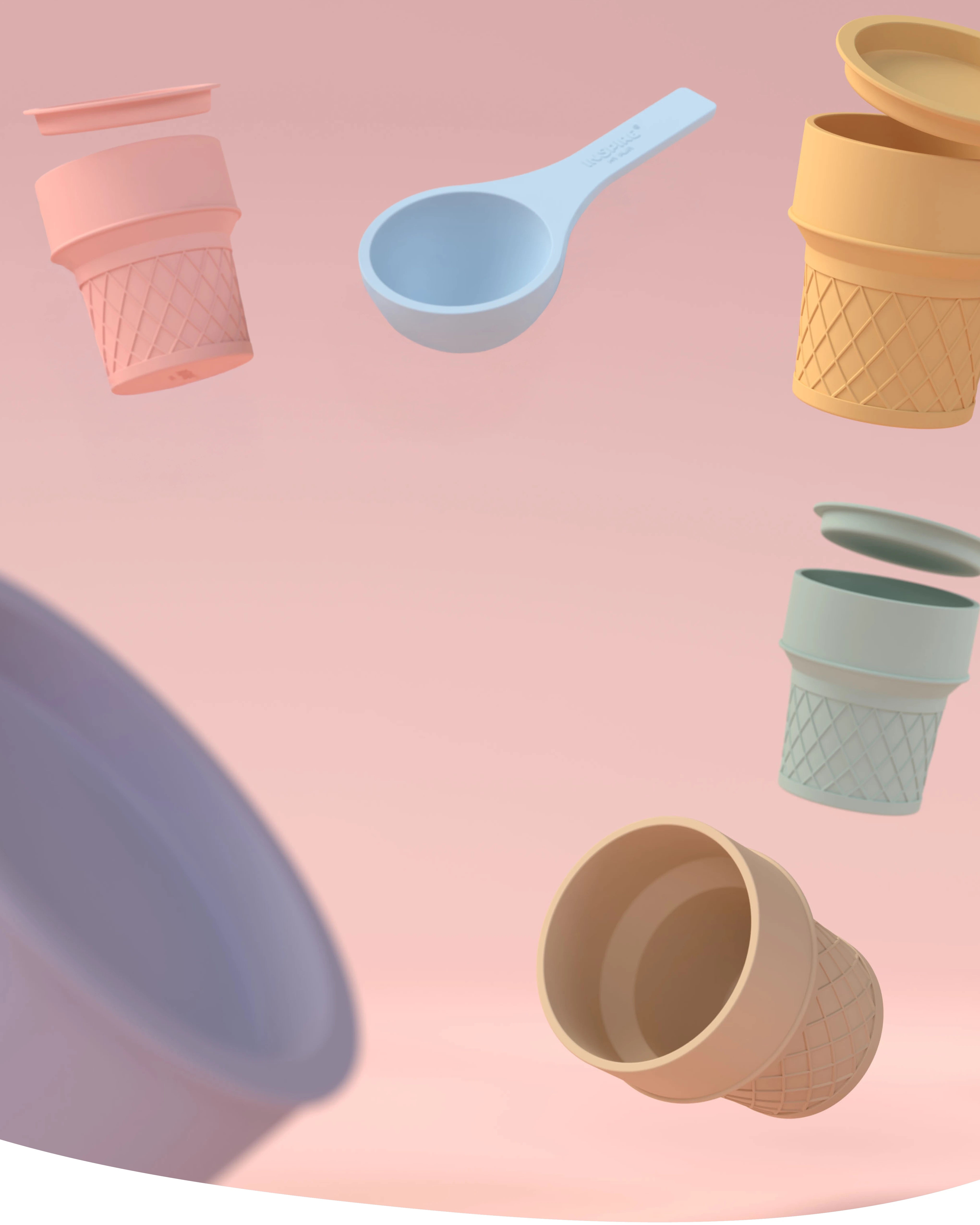 A pastel-coloured assortment of ice cream cone cups, and lids floating against a soft pink background.