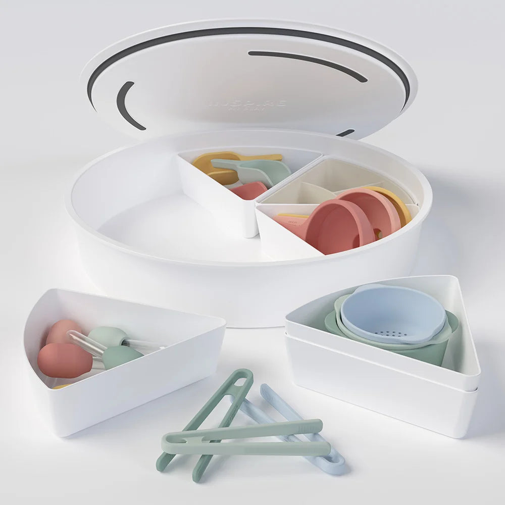 Sensory PlayTRAY with droppers, tongs, bowls, funnels, scoops and organiser insert designed for sensory play activities and hands-on exploration for kids. 