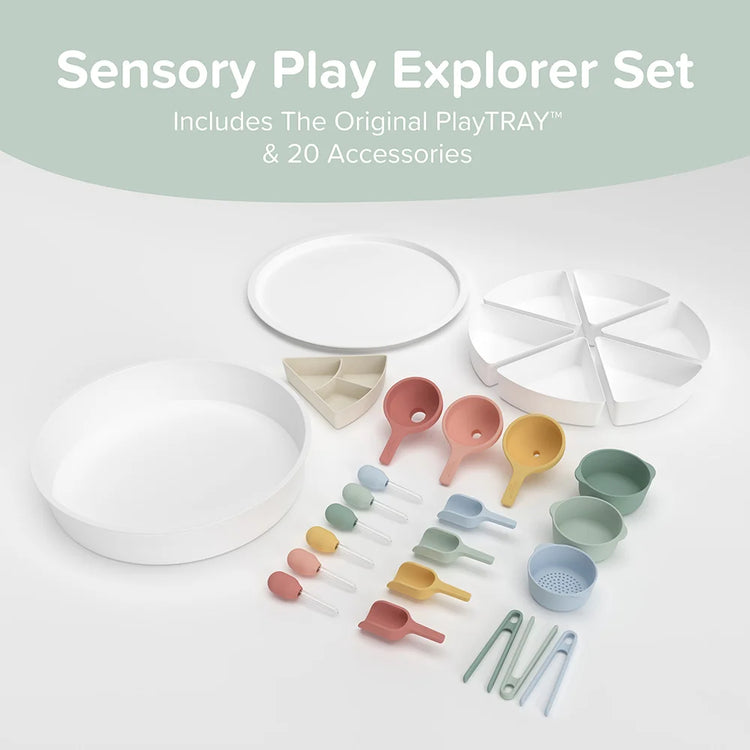 Sensory Play Explorer Set with various colourful tools for sensory play, messy and creative activities for children including PlayTRAY, droppers, scoops, bowls, funnels, tongs and organiser insert.