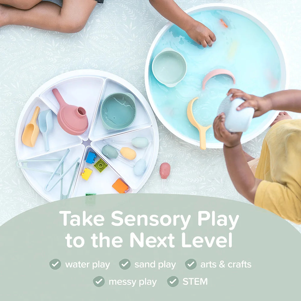 Children playing with sensory play items in the Inspire My Play PlayTRAY, with text promoting the different types of activities that can be enjoyed in it, like water play, sand play, arts and crafts and STEM activities.