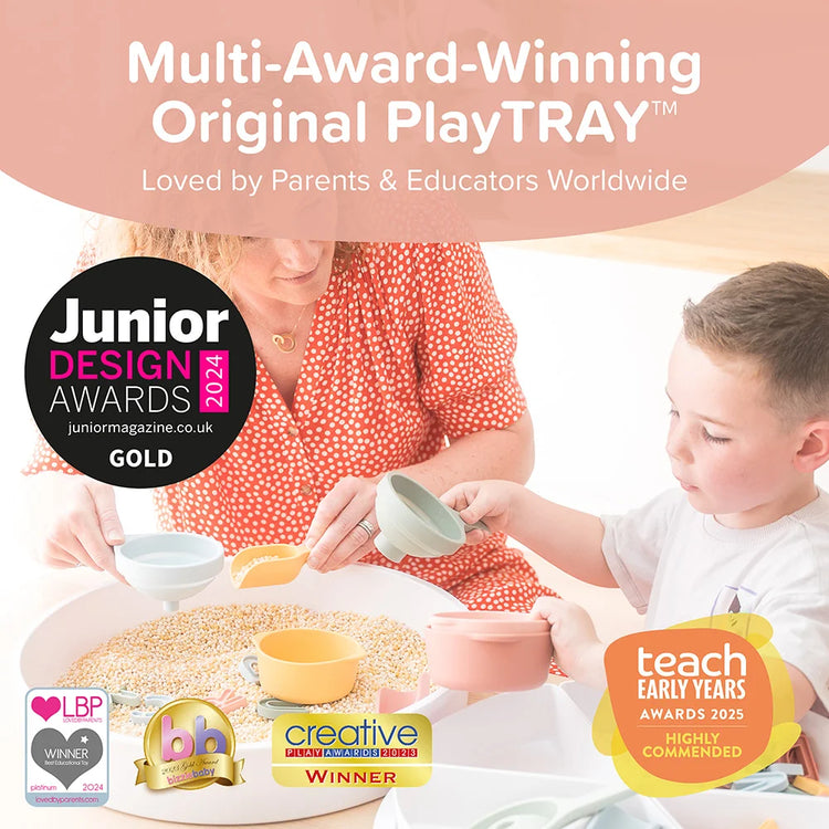 Advertisement for the Multi-Award-Winning Original PlayTRAY with a woman and child playing together with the award logos the PlayTRAY has won over the top.