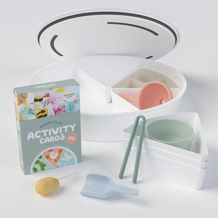Sensory PLayTRAY including activity cards, dropper, tongs, bowl, funnel and organiser insert for kids sensory play and arts and crafts activities 