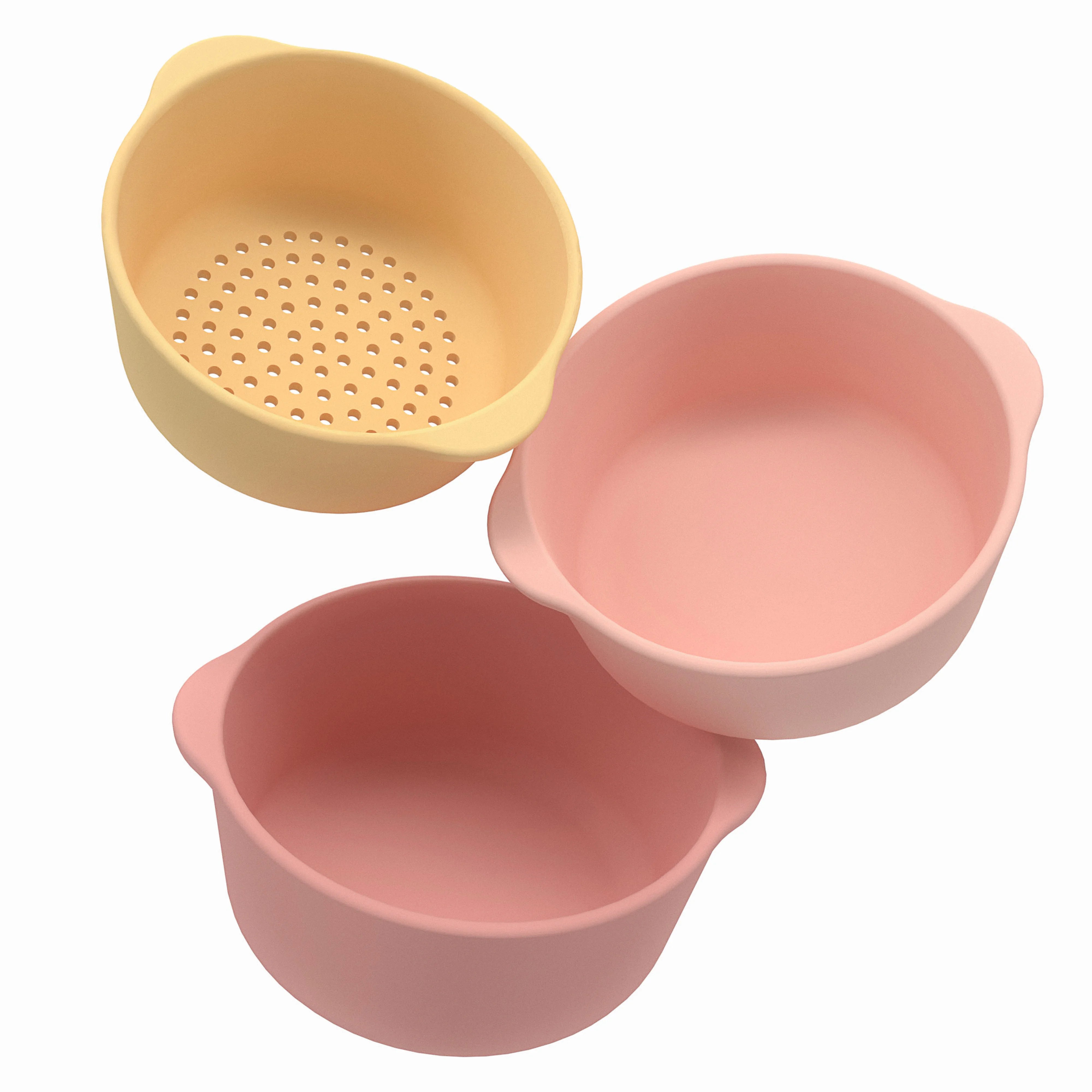 Set of 3 Silicone nesting bowls in coral and yellow