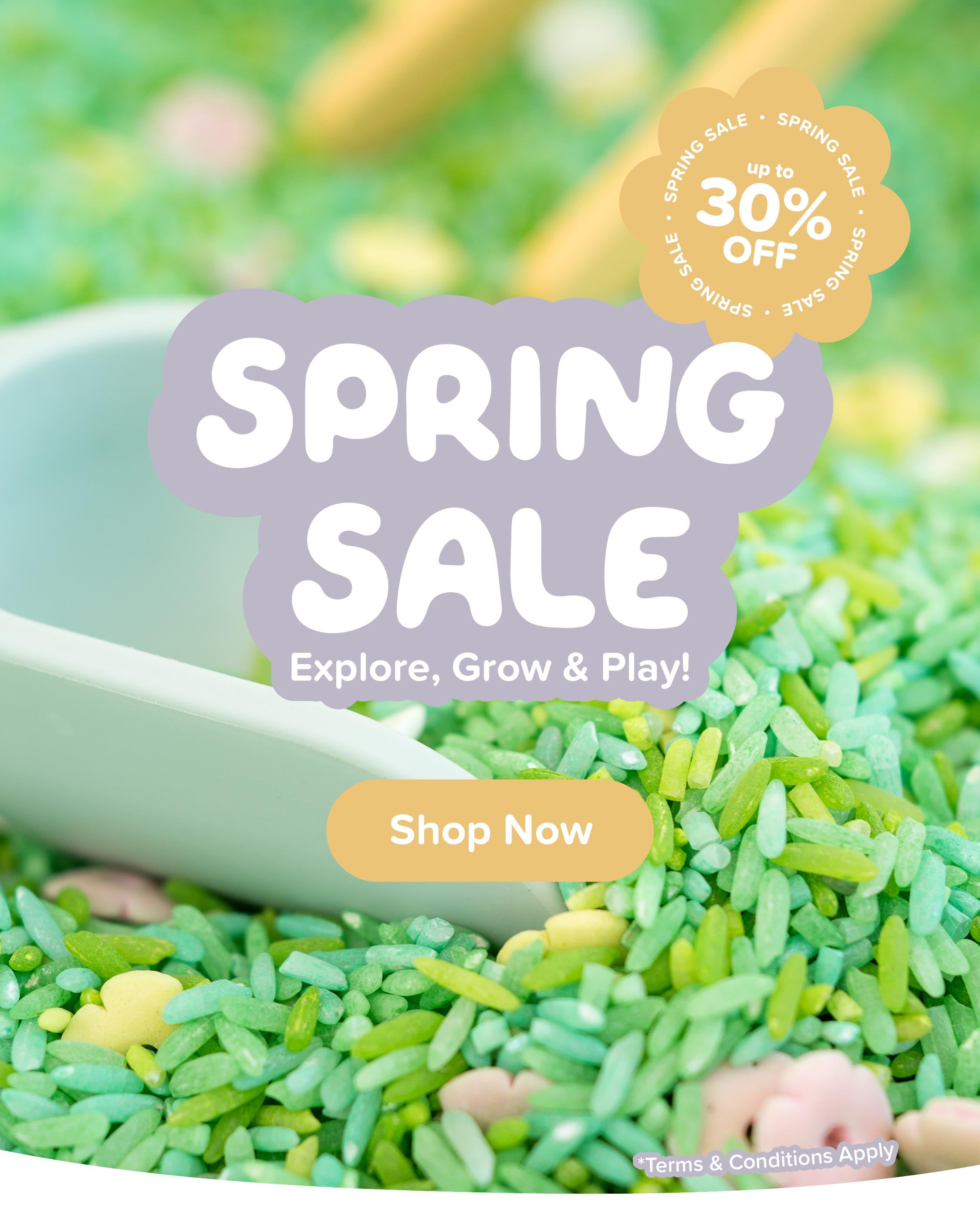 Close-up of colourful rice with scoop with Spring Sale wording over the top.