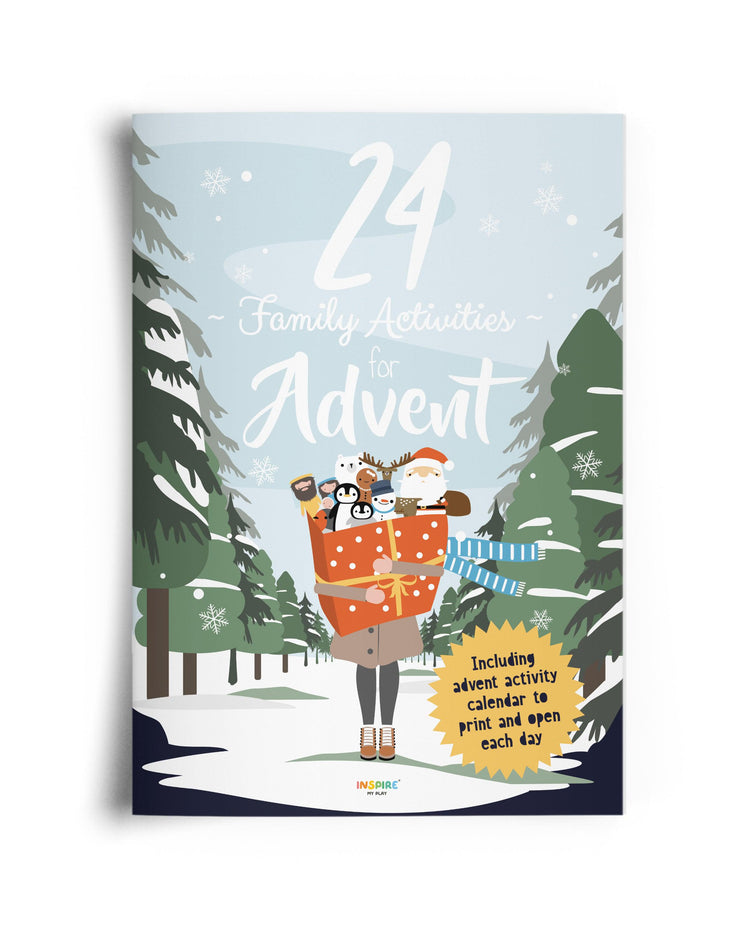 The front cover of the 24 family activities for advent ebook showing a girl holding a box of Christmas gifts