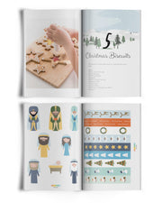 Two page spreads showing a Christmas biscuit making activity and some of the printables that come with the ebook